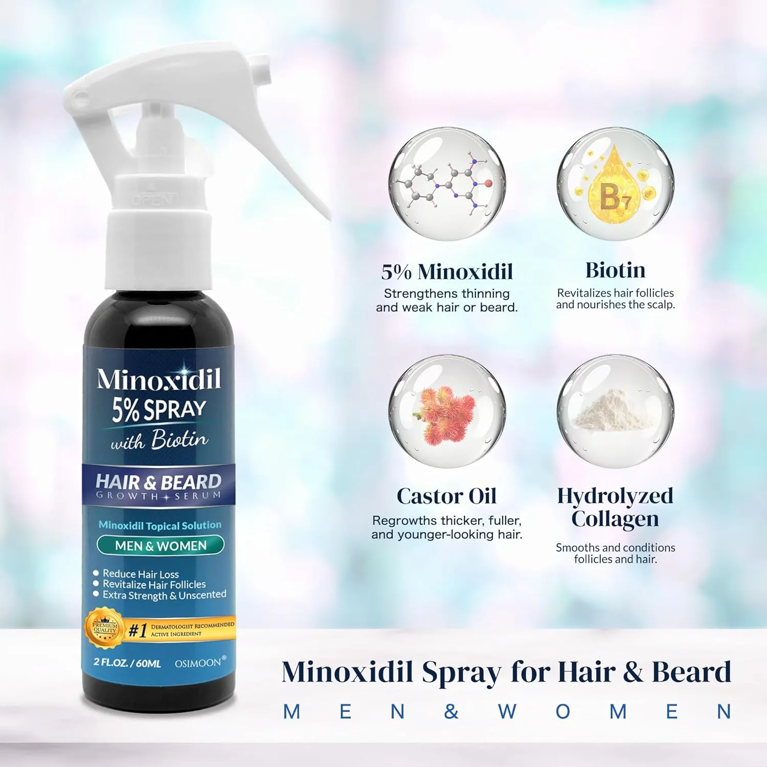 Minoxidil for Men Hair Regrowth, 5% Minoxidil for Women Hair Growth, Minoxidil 5 Percent Hair Growth Spray, Minoxidil 5% Beard Growth, Hair Growth Serum, Hair Loss Treatments for Women and Men (60ml)