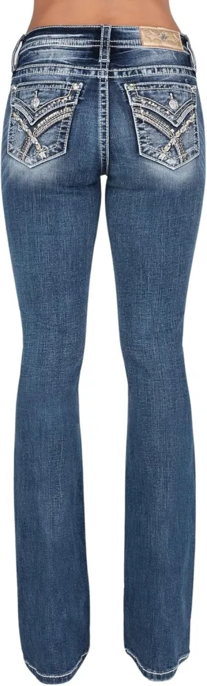 Miss Me Women's Golden Arches Mid-Rise Bootcut Jeans, White & Gold Embroidery, Faux Flap Pockets, Stretch Denim