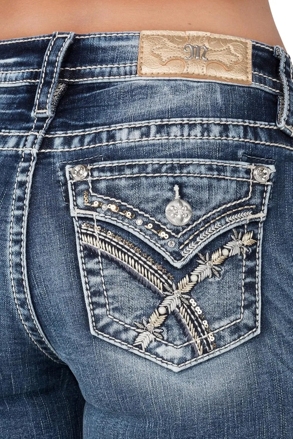 Miss Me Women's Golden Arches Mid-Rise Bootcut Jeans, White & Gold Embroidery, Faux Flap Pockets, Stretch Denim