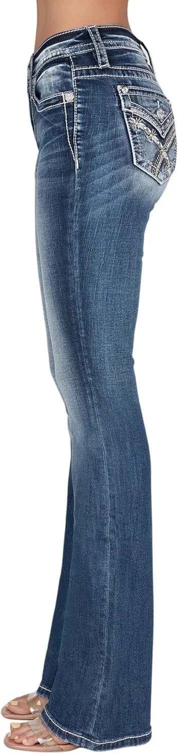 Miss Me Women's Golden Arches Mid-Rise Bootcut Jeans, White & Gold Embroidery, Faux Flap Pockets, Stretch Denim