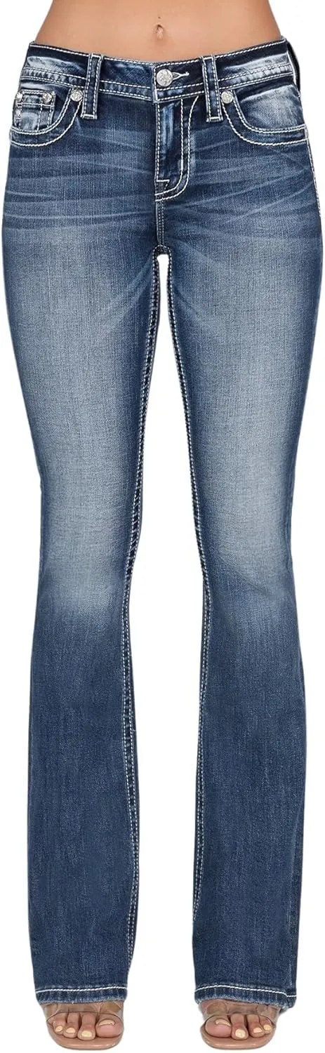Miss Me Women's Golden Arches Mid-Rise Bootcut Jeans, White & Gold Embroidery, Faux Flap Pockets, Stretch Denim