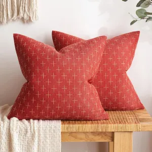 MIULEE Pack of 2 Christmas Decorative Burlap Linen Throw Pillow Covers Modern Farmhouse Pillowcase Rustic Woven Textured Cushion Cover for Sofa Couch Bed 16x16 Inch Christmas Red