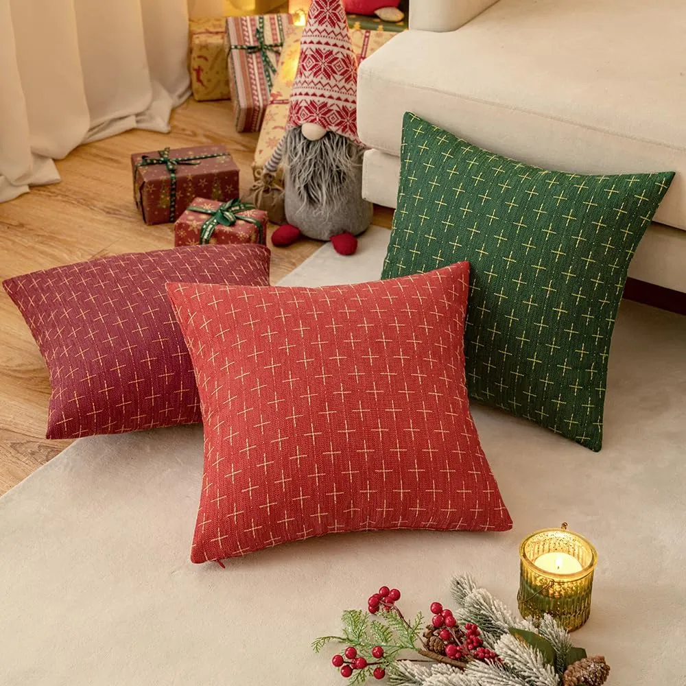 MIULEE Pack of 2 Christmas Decorative Burlap Linen Throw Pillow Covers Modern Farmhouse Pillowcase Rustic Woven Textured Cushion Cover for Sofa Couch Bed 16x16 Inch Christmas Red