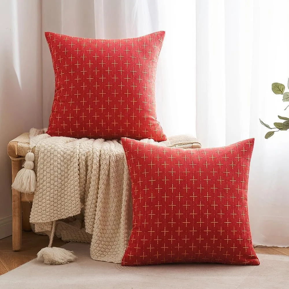 MIULEE Pack of 2 Christmas Decorative Burlap Linen Throw Pillow Covers Modern Farmhouse Pillowcase Rustic Woven Textured Cushion Cover for Sofa Couch Bed 16x16 Inch Christmas Red
