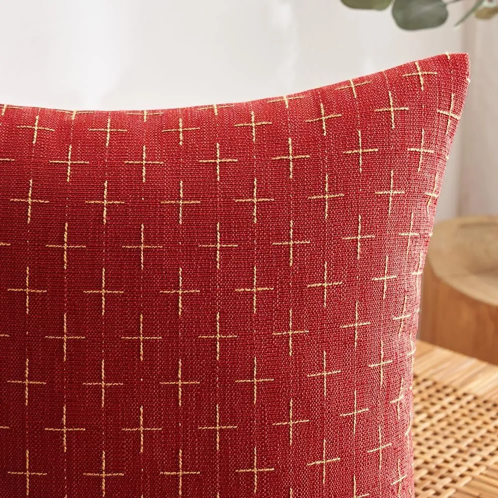 MIULEE Pack of 2 Christmas Decorative Burlap Linen Throw Pillow Covers Modern Farmhouse Pillowcase Rustic Woven Textured Cushion Cover for Sofa Couch Bed 16x16 Inch Christmas Red