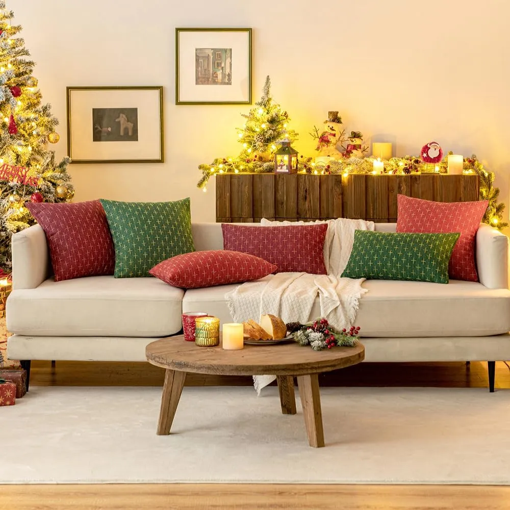 MIULEE Pack of 2 Christmas Decorative Burlap Linen Throw Pillow Covers Modern Farmhouse Pillowcase Rustic Woven Textured Cushion Cover for Sofa Couch Bed 16x16 Inch Christmas Red
