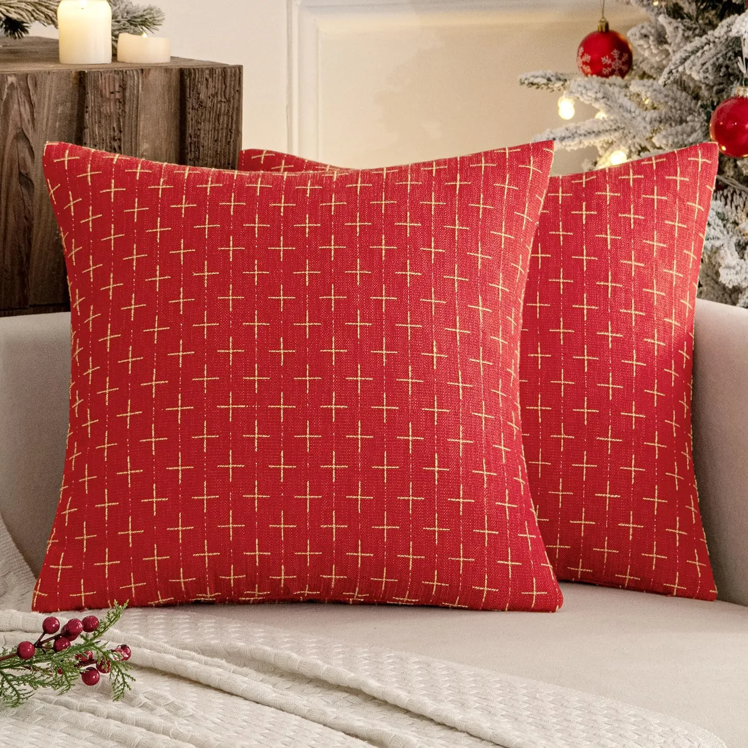 MIULEE Pack of 2 Christmas Decorative Burlap Linen Throw Pillow Covers Modern Farmhouse Pillowcase Rustic Woven Textured Cushion Cover for Sofa Couch Bed 16x16 Inch Christmas Red