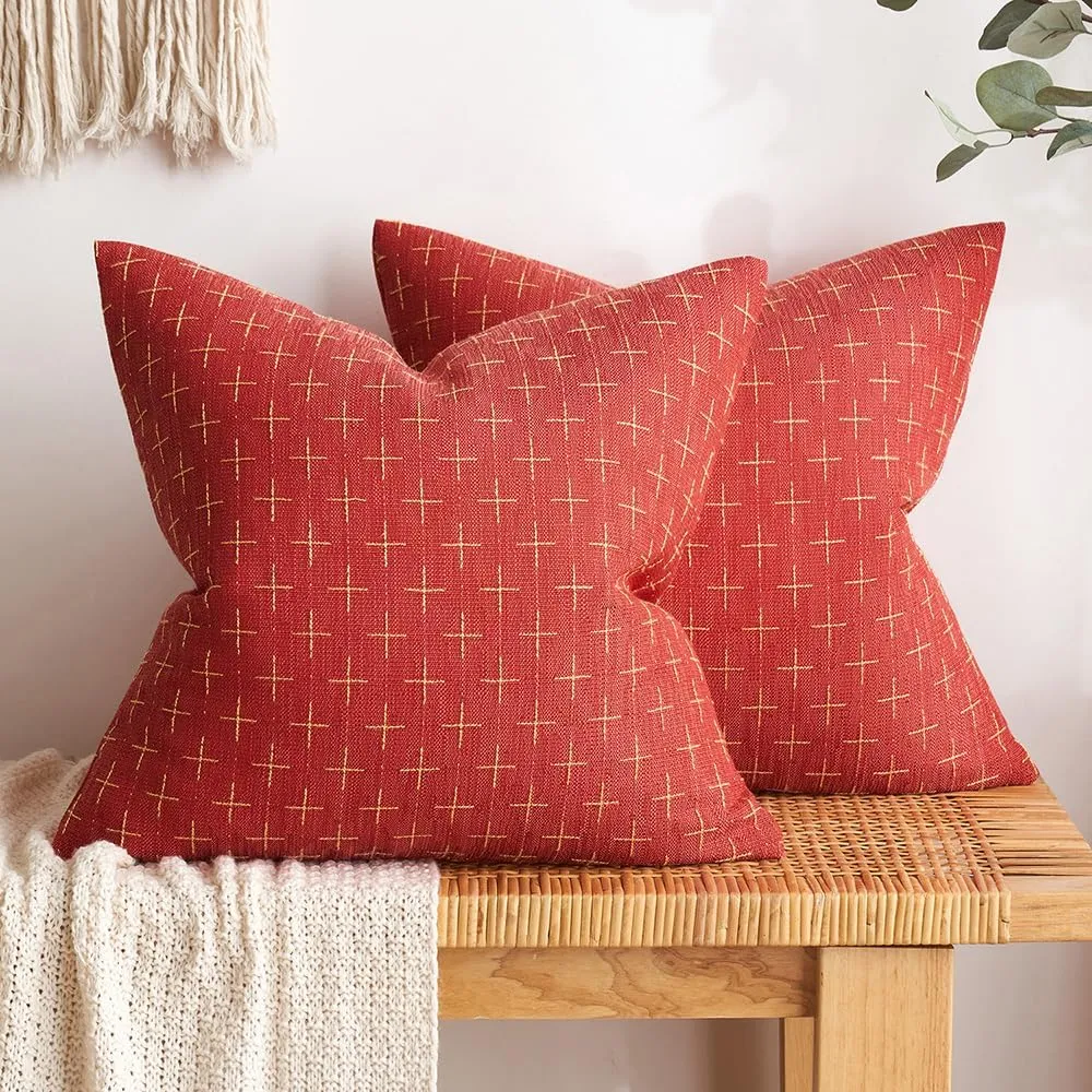 MIULEE Pack of 2 Christmas Decorative Burlap Linen Throw Pillow Covers Modern Farmhouse Pillowcase Rustic Woven Textured Cushion Cover for Sofa Couch Bed 16x16 Inch Christmas Red
