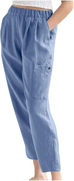 Miyaomn Women's Casual Tapered Cargo Capri Pants Cotton Linen High Elastic Waist Solid Cropped Lounge Trousers with Pockets