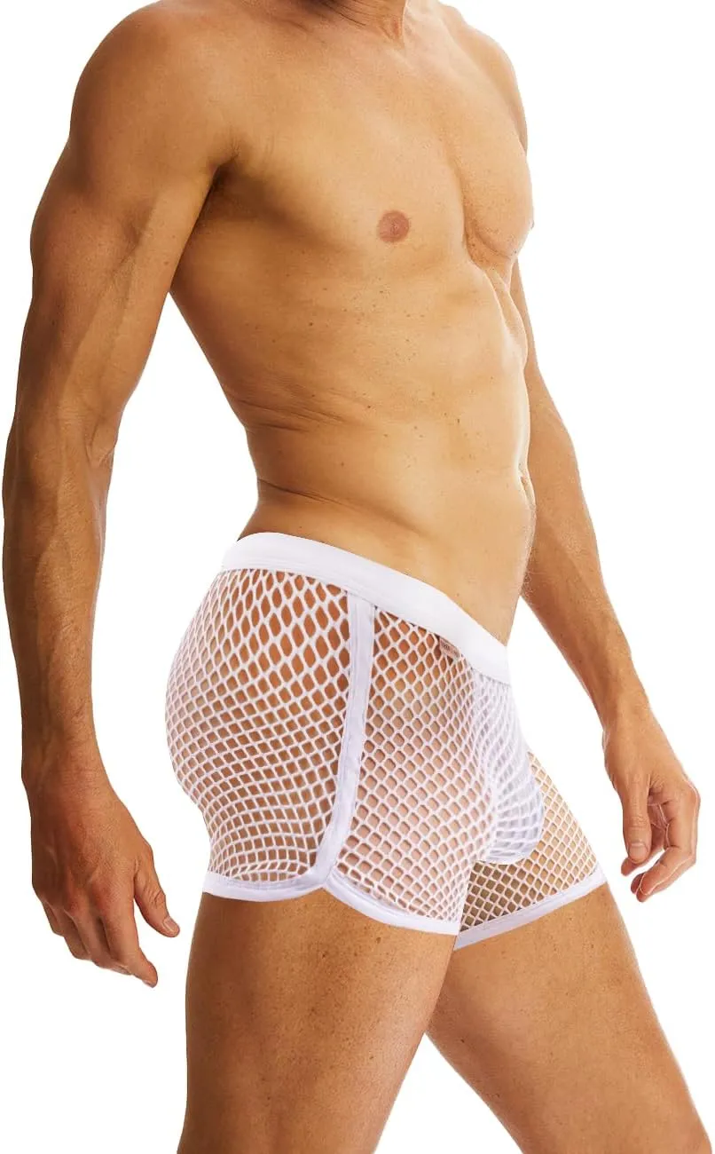 MIZOK Men's Sexy Sheer Fishnet Boxer Briefs Mesh See Through Pouch Boxer Underwear