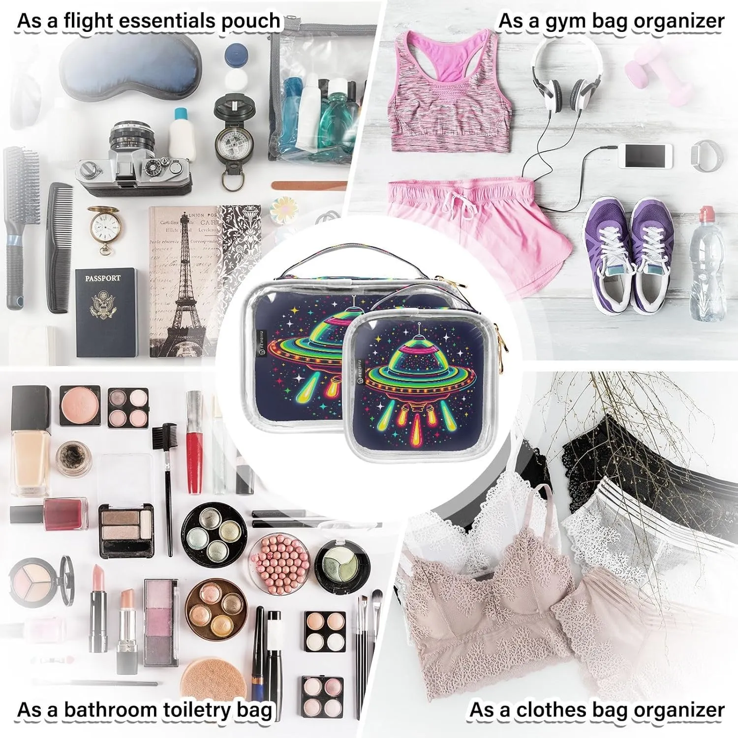 MNSRUU Clear Makeup Bags Ufo Spacecraft Toiletry Bag for Women 2 PCS Waterproof Clear Bags Clear Travel Toiletry Bag Small Cosmetic Makeup Bag, Carry on Airport Airline Compliant Bag