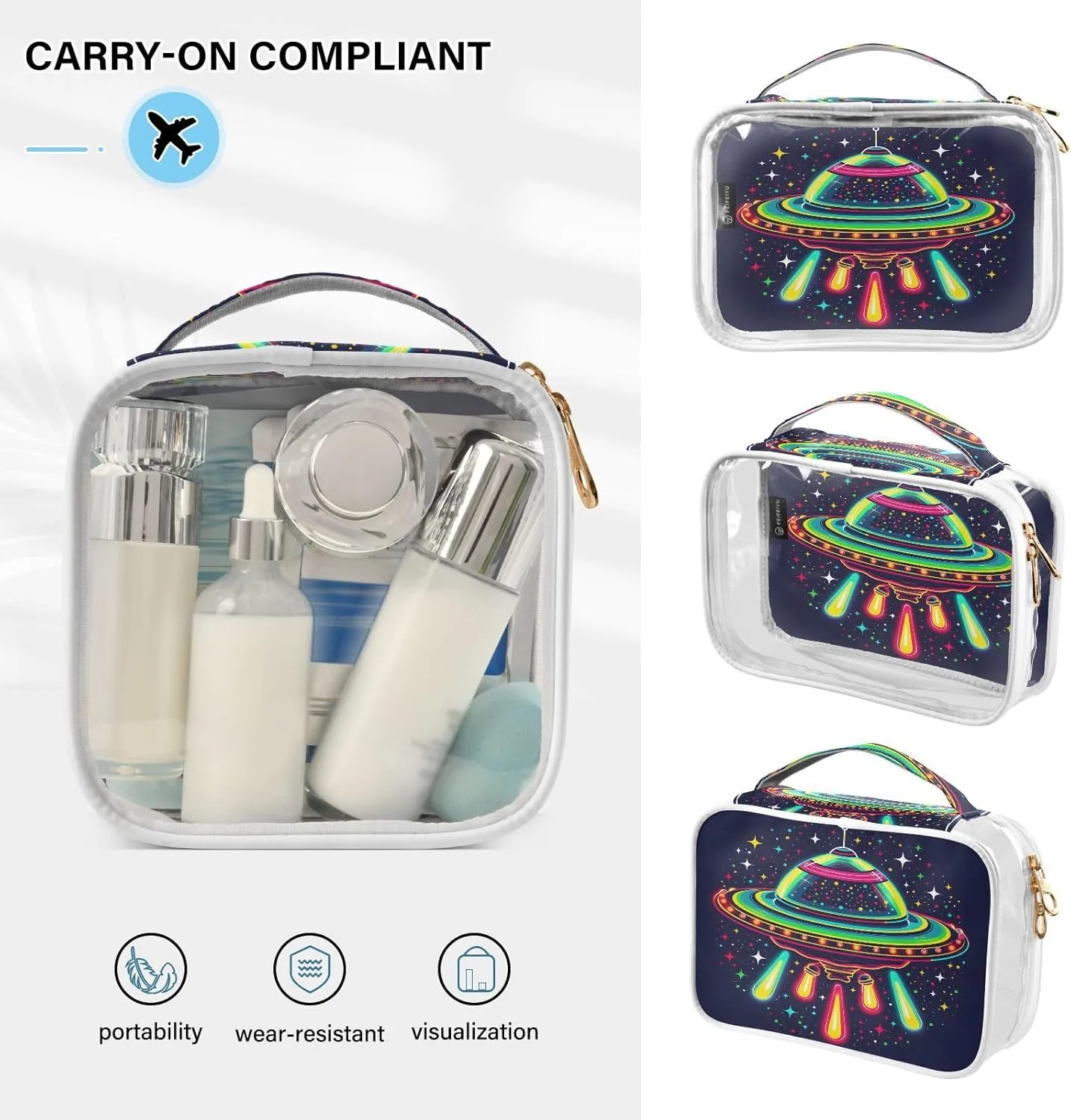 MNSRUU Clear Makeup Bags Ufo Spacecraft Toiletry Bag for Women 2 PCS Waterproof Clear Bags Clear Travel Toiletry Bag Small Cosmetic Makeup Bag, Carry on Airport Airline Compliant Bag