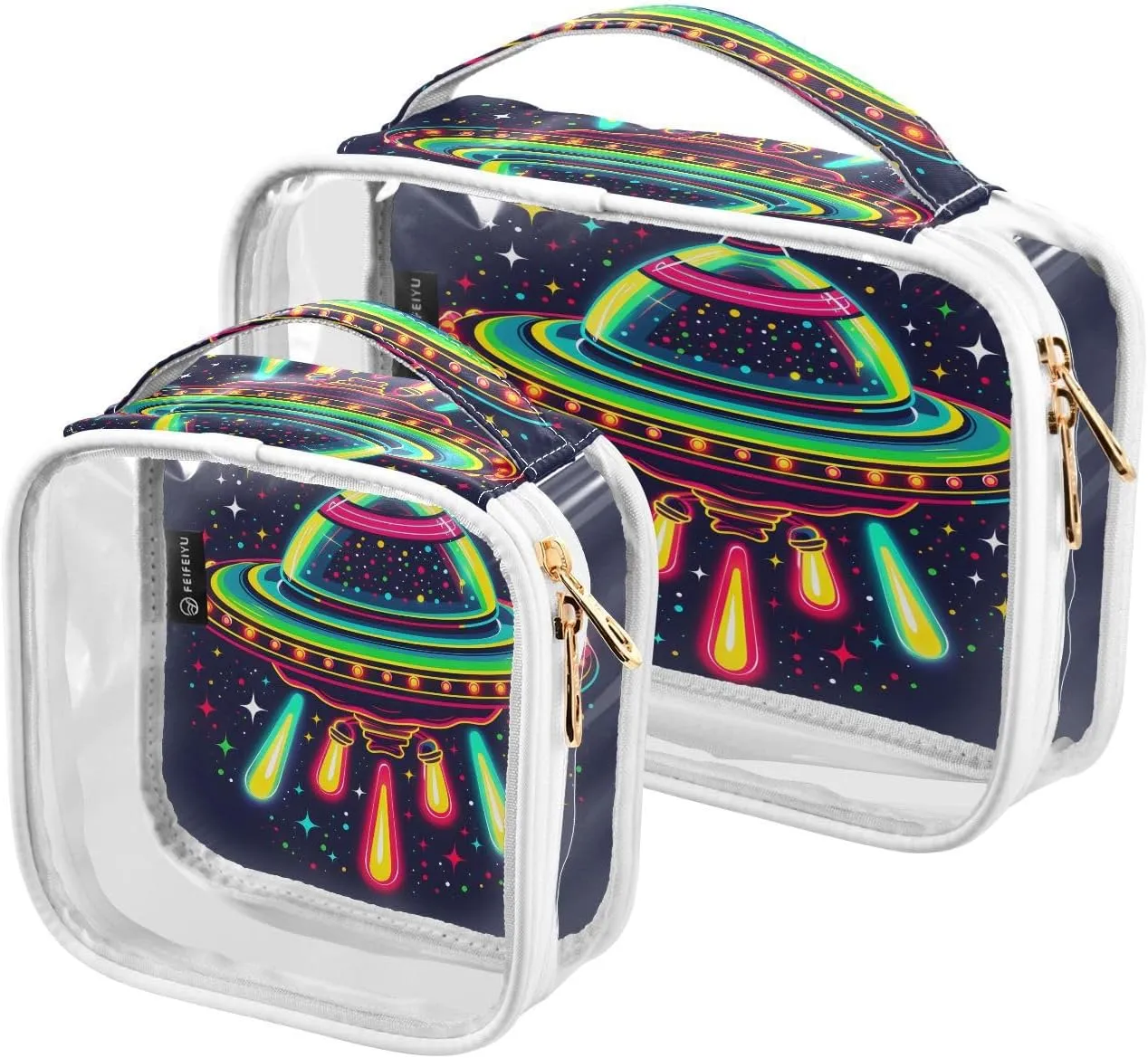 MNSRUU Clear Makeup Bags Ufo Spacecraft Toiletry Bag for Women 2 PCS Waterproof Clear Bags Clear Travel Toiletry Bag Small Cosmetic Makeup Bag, Carry on Airport Airline Compliant Bag