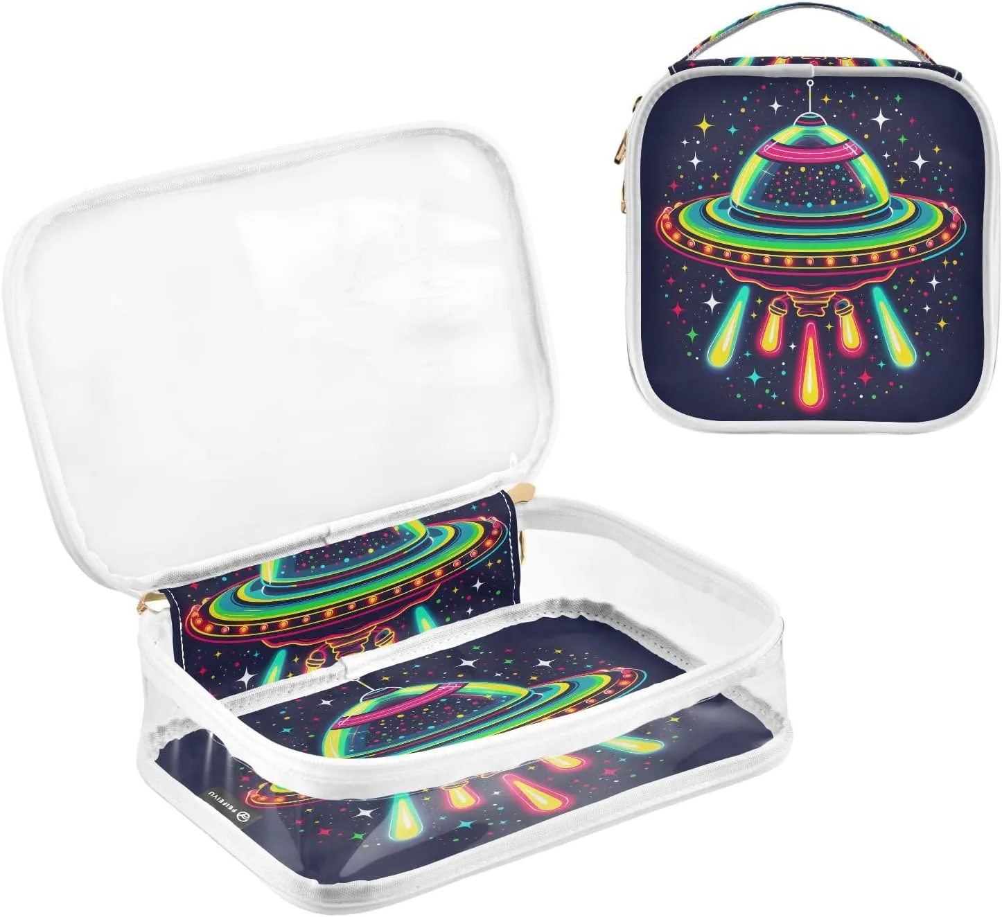 MNSRUU Clear Makeup Bags Ufo Spacecraft Toiletry Bag for Women 2 PCS Waterproof Clear Bags Clear Travel Toiletry Bag Small Cosmetic Makeup Bag, Carry on Airport Airline Compliant Bag