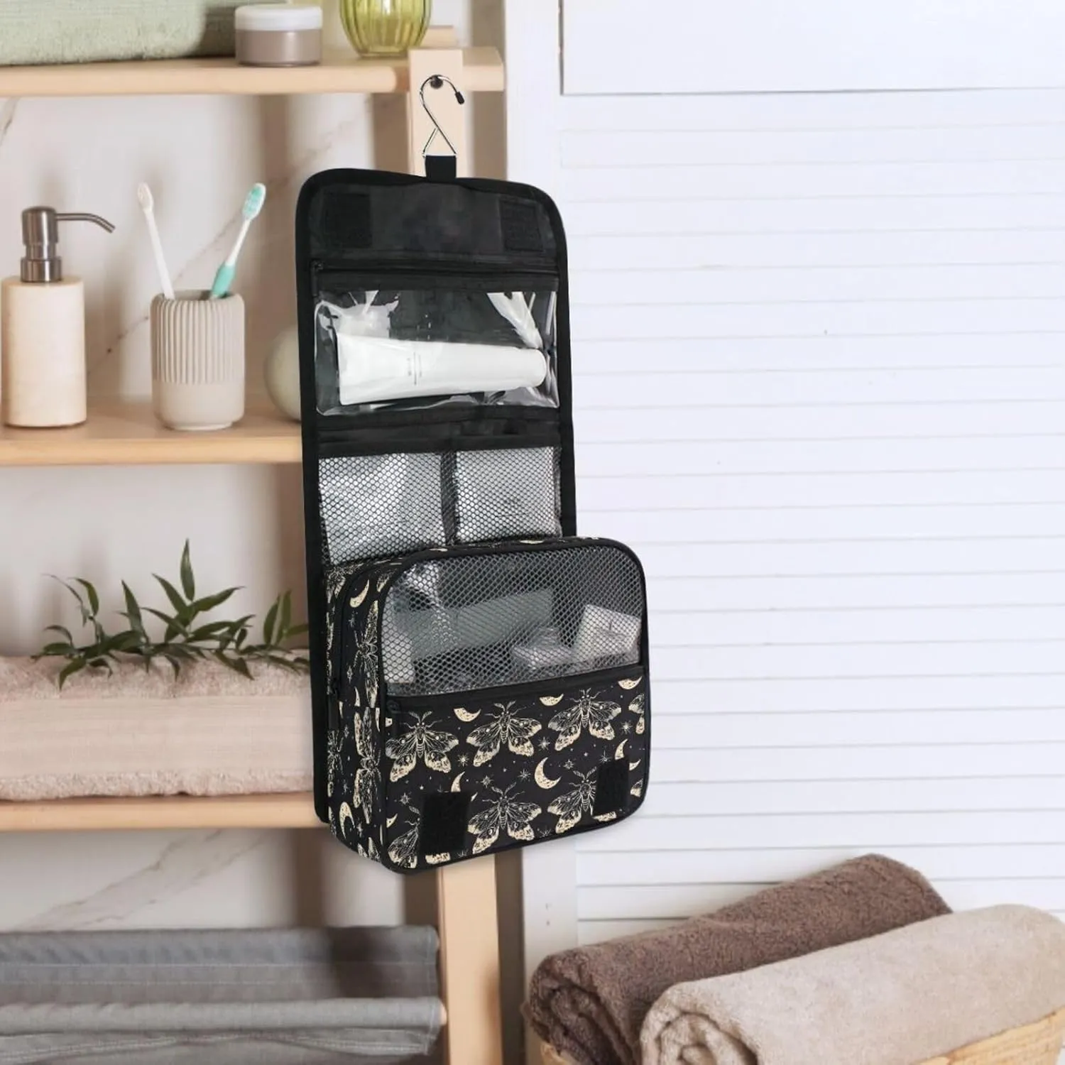 MNSRUU Hanging Toiletry Bag Butterfly and Moon Skull Travel Makeup bag for Toiletries Portable Travel Toiletry Organizer Cosmetic Bags with Hanging Hook