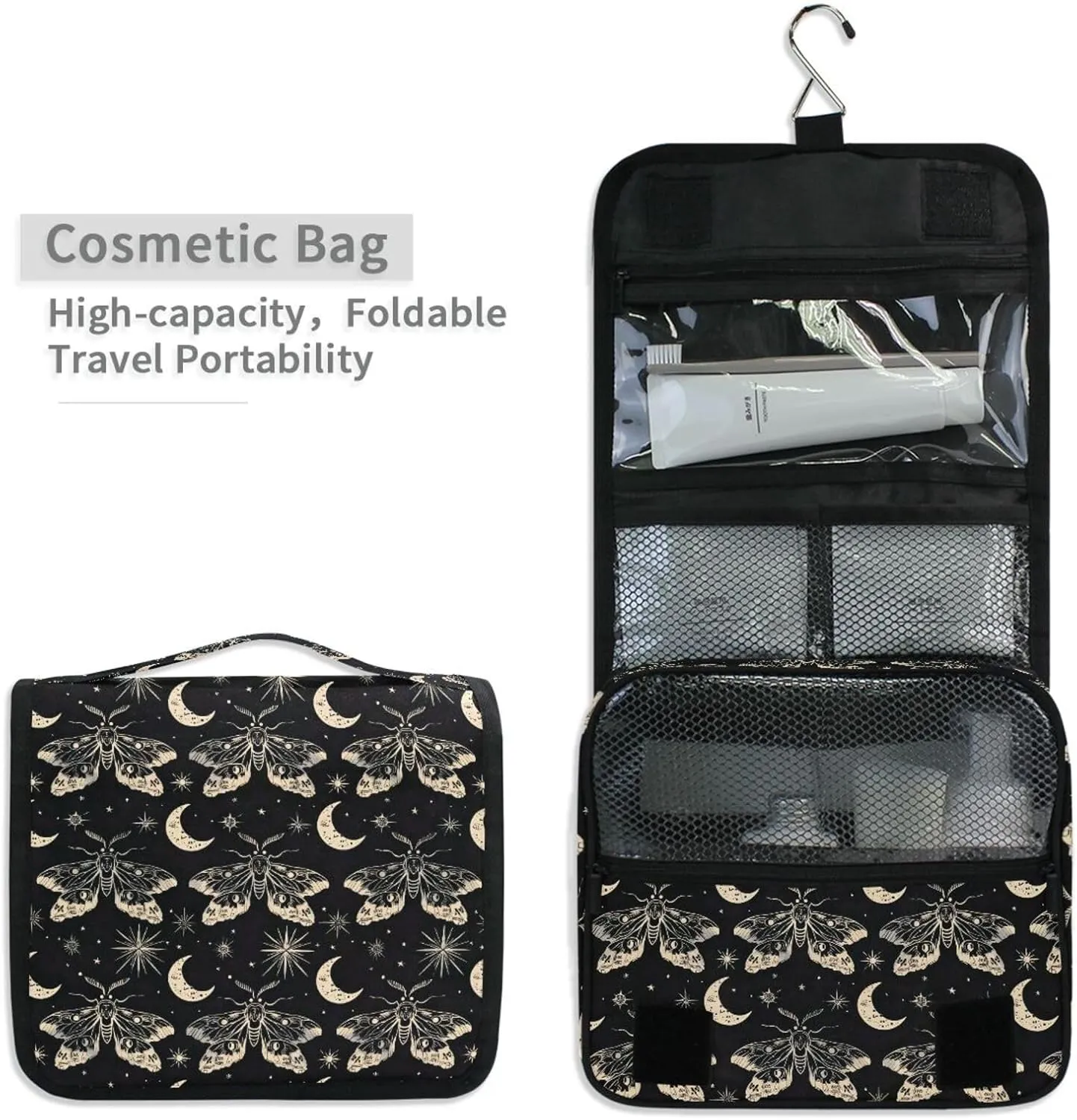 MNSRUU Hanging Toiletry Bag Butterfly and Moon Skull Travel Makeup bag for Toiletries Portable Travel Toiletry Organizer Cosmetic Bags with Hanging Hook
