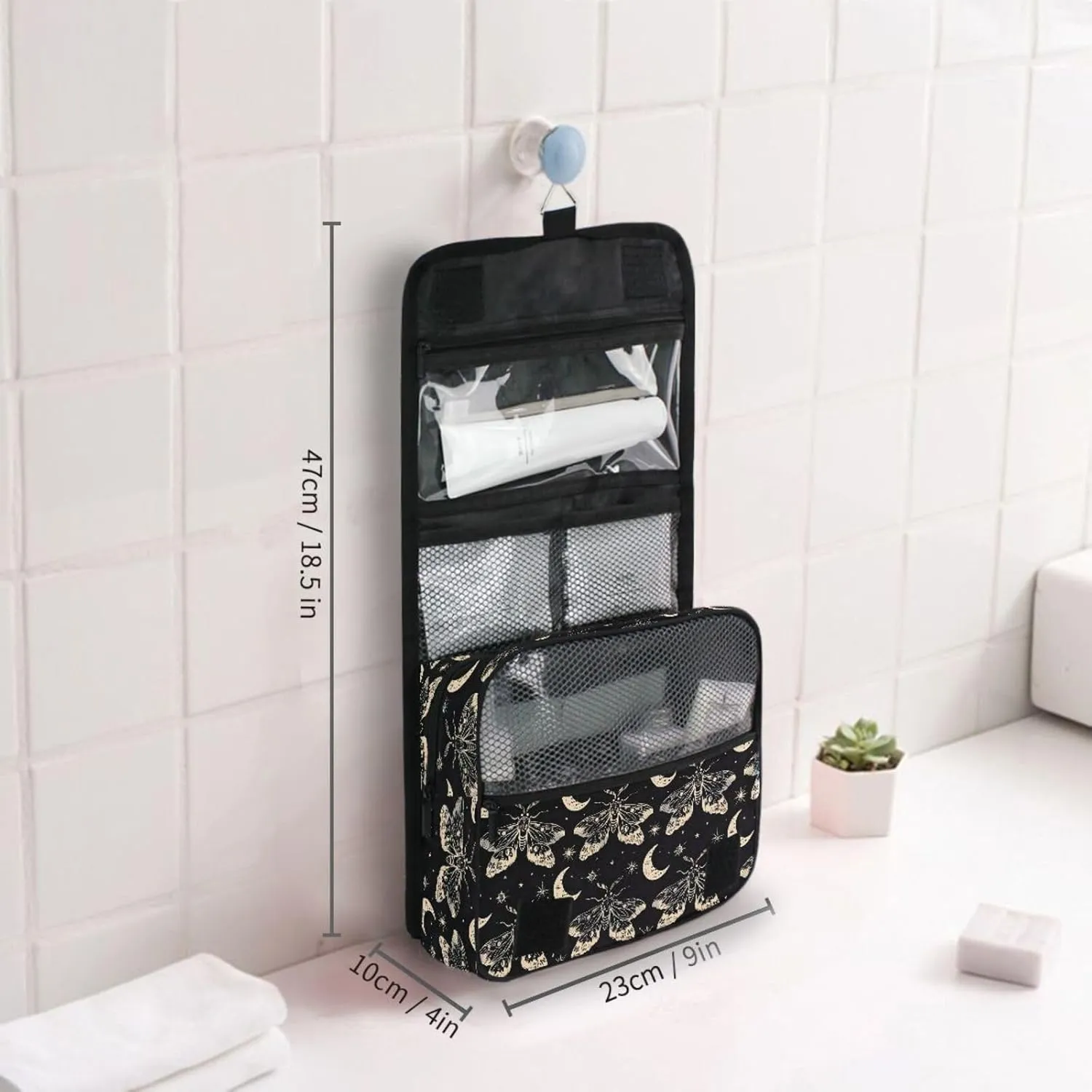 MNSRUU Hanging Toiletry Bag Butterfly and Moon Skull Travel Makeup bag for Toiletries Portable Travel Toiletry Organizer Cosmetic Bags with Hanging Hook