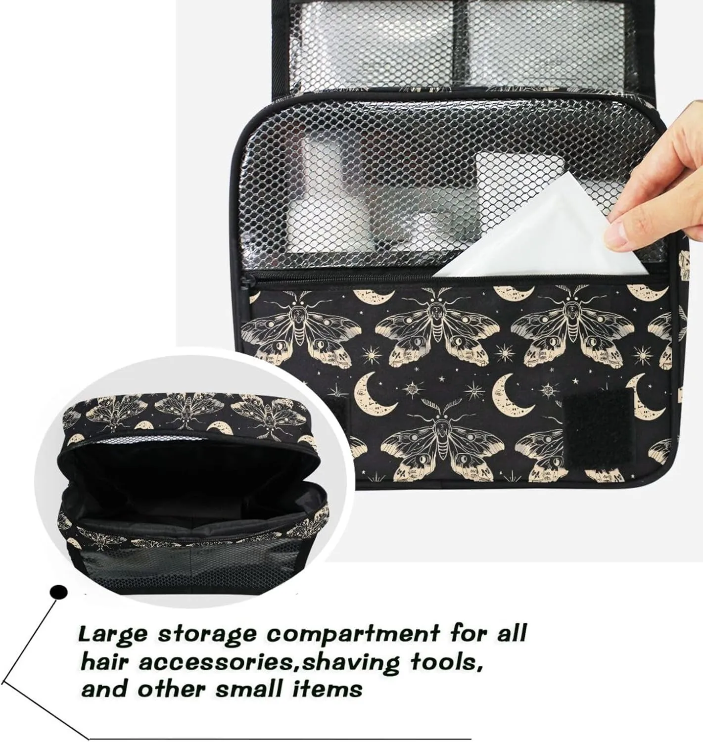 MNSRUU Hanging Toiletry Bag Butterfly and Moon Skull Travel Makeup bag for Toiletries Portable Travel Toiletry Organizer Cosmetic Bags with Hanging Hook