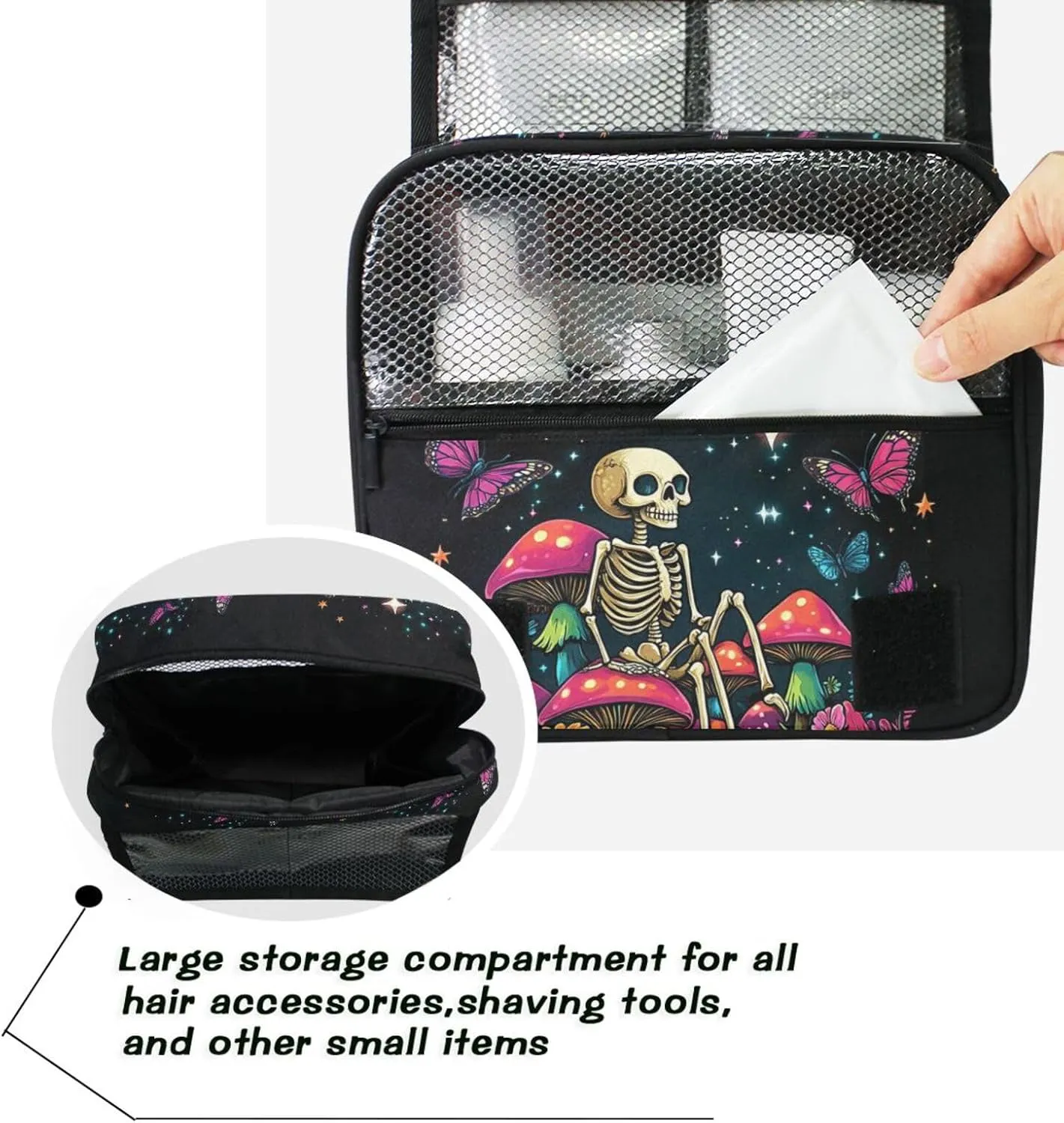 MNSRUU Hanging Toiletry Bag Skeleton Sitting on Mushrooms with Butterflies Travel Makeup bag for Toiletries Portable Travel Toiletry Organizer Cosmetic Bags with Hanging Hook
