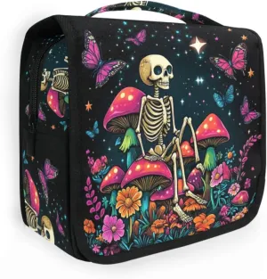 MNSRUU Hanging Toiletry Bag Skeleton Sitting on Mushrooms with Butterflies Travel Makeup bag for Toiletries Portable Travel Toiletry Organizer Cosmetic Bags with Hanging Hook