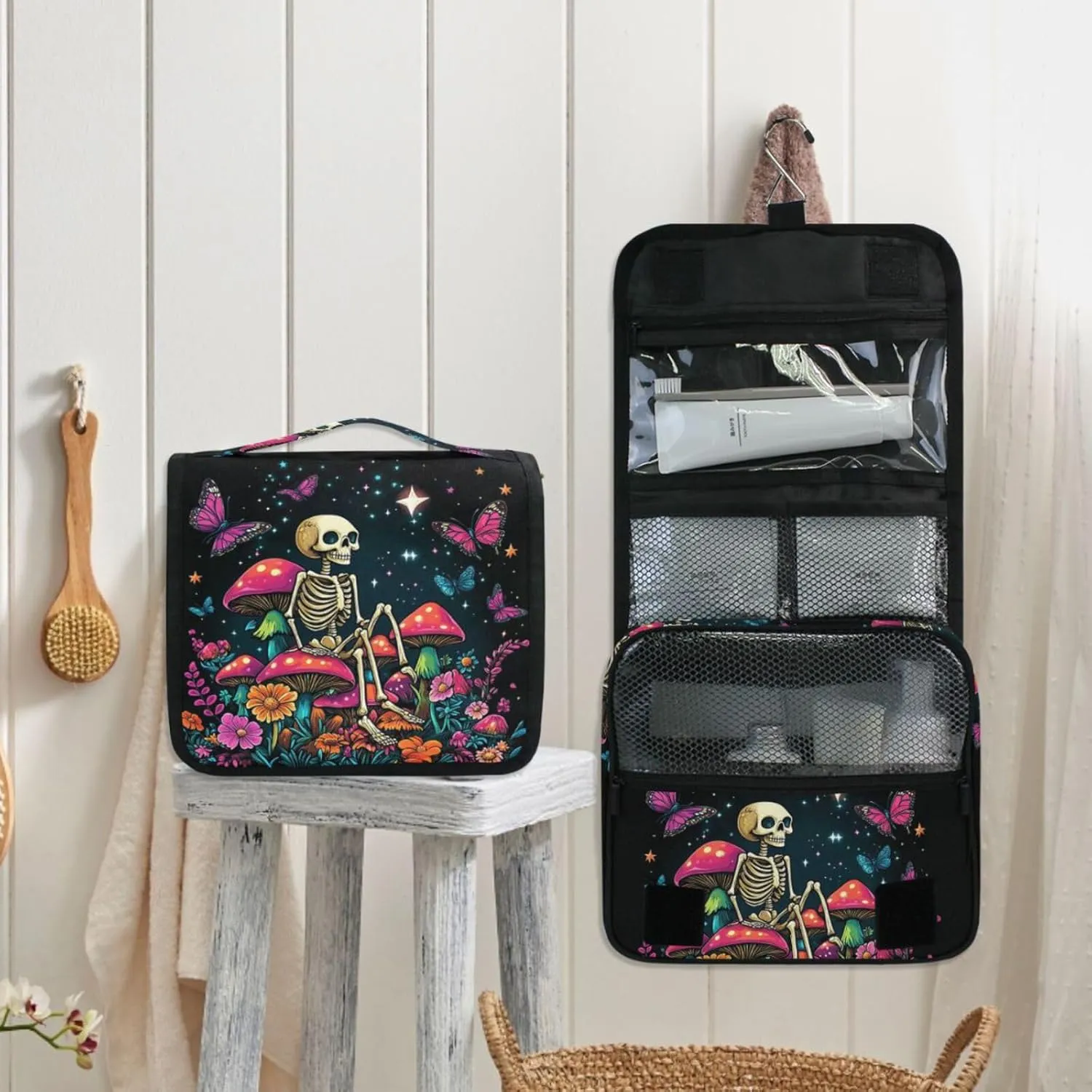 MNSRUU Hanging Toiletry Bag Skeleton Sitting on Mushrooms with Butterflies Travel Makeup bag for Toiletries Portable Travel Toiletry Organizer Cosmetic Bags with Hanging Hook