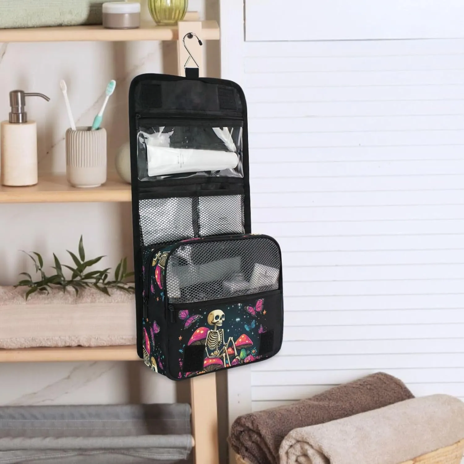 MNSRUU Hanging Toiletry Bag Skeleton Sitting on Mushrooms with Butterflies Travel Makeup bag for Toiletries Portable Travel Toiletry Organizer Cosmetic Bags with Hanging Hook