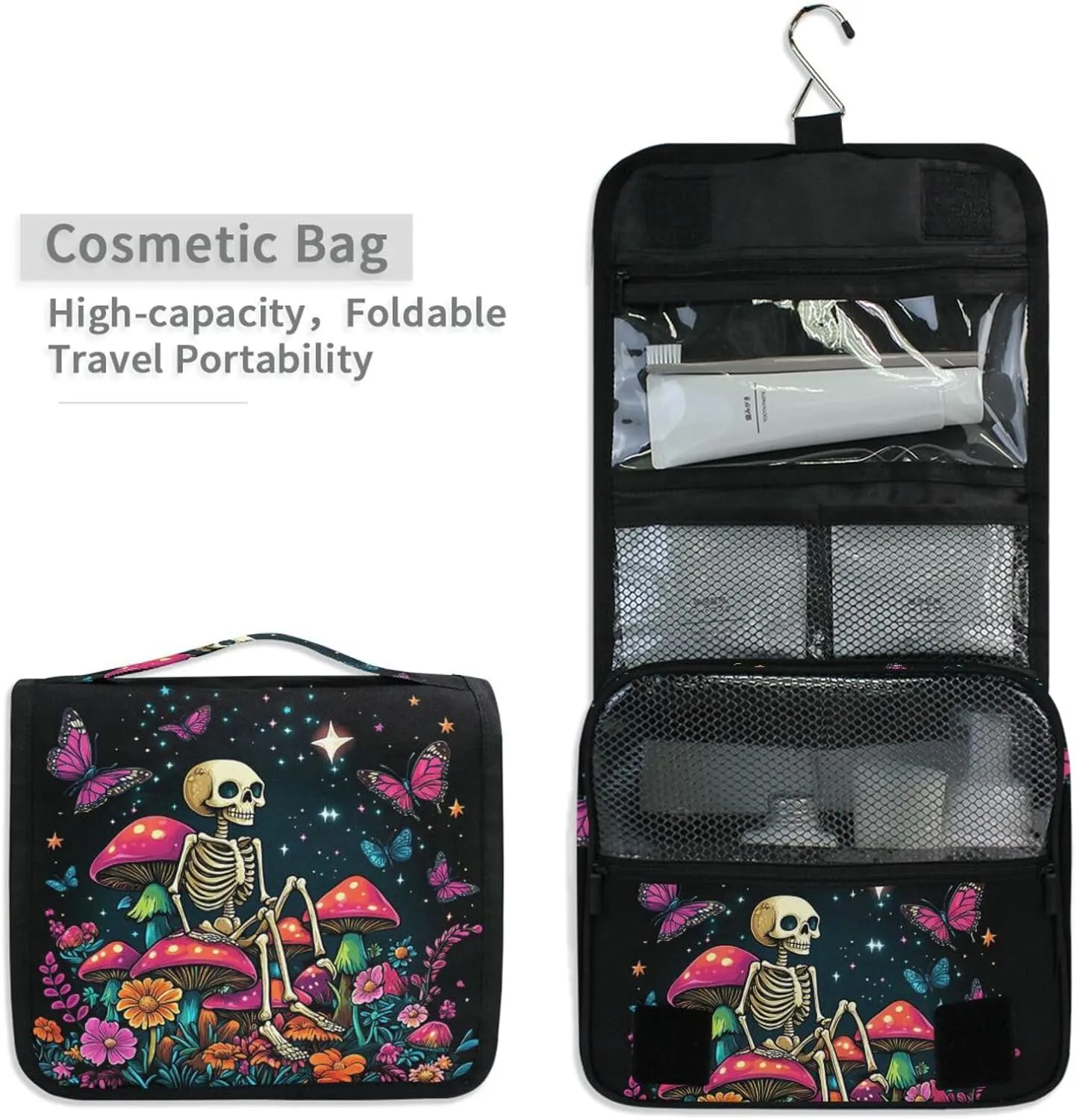 MNSRUU Hanging Toiletry Bag Skeleton Sitting on Mushrooms with Butterflies Travel Makeup bag for Toiletries Portable Travel Toiletry Organizer Cosmetic Bags with Hanging Hook