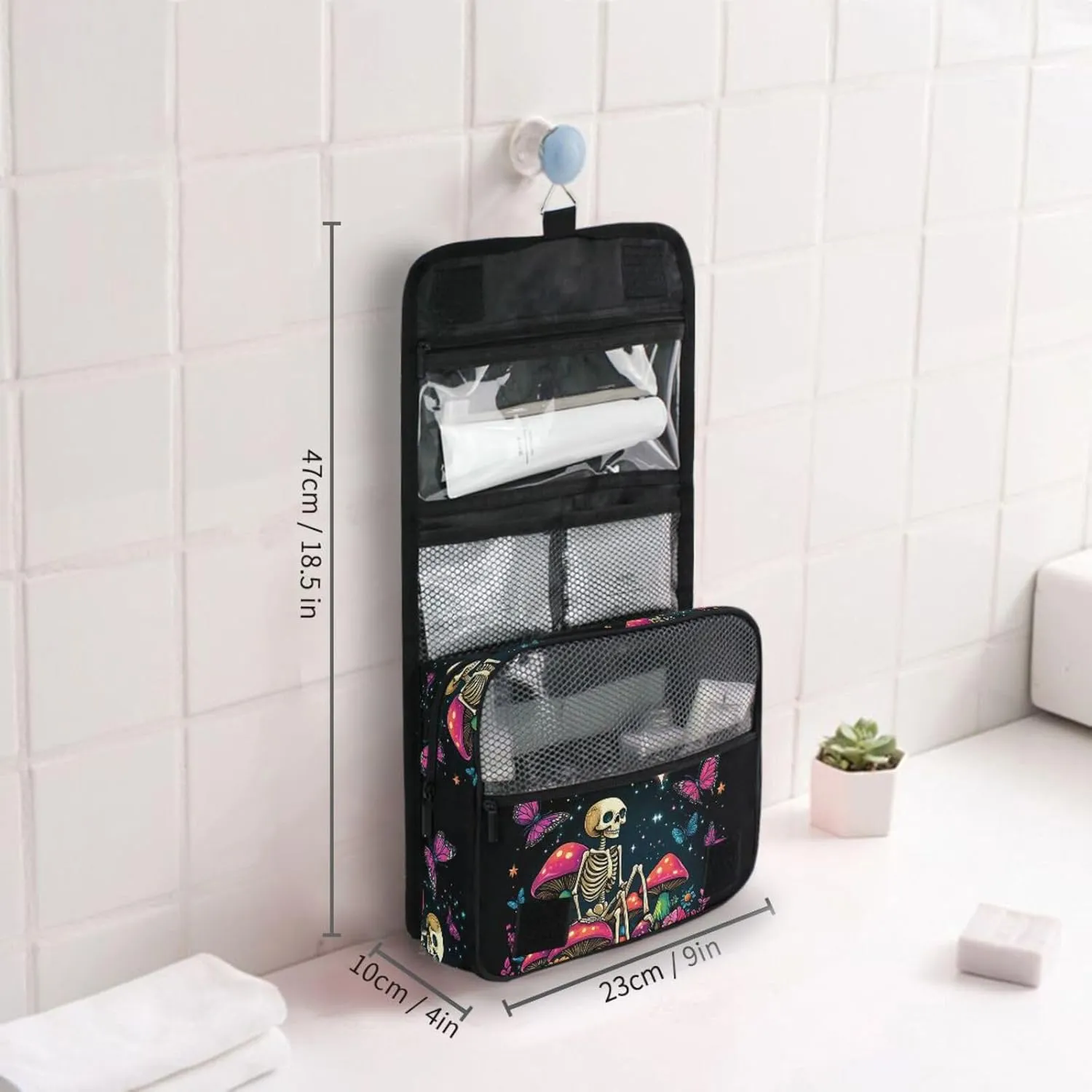 MNSRUU Hanging Toiletry Bag Skeleton Sitting on Mushrooms with Butterflies Travel Makeup bag for Toiletries Portable Travel Toiletry Organizer Cosmetic Bags with Hanging Hook