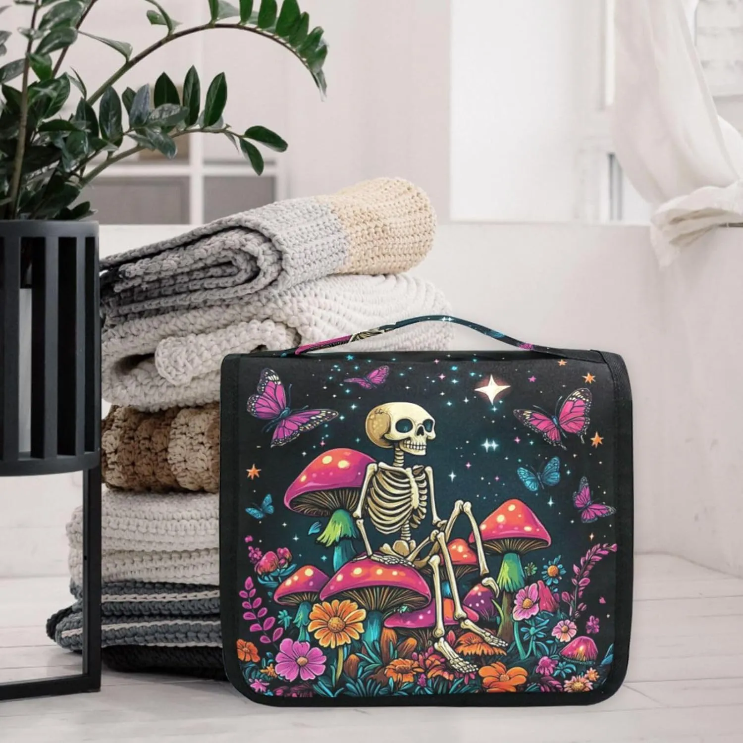 MNSRUU Hanging Toiletry Bag Skeleton Sitting on Mushrooms with Butterflies Travel Makeup bag for Toiletries Portable Travel Toiletry Organizer Cosmetic Bags with Hanging Hook