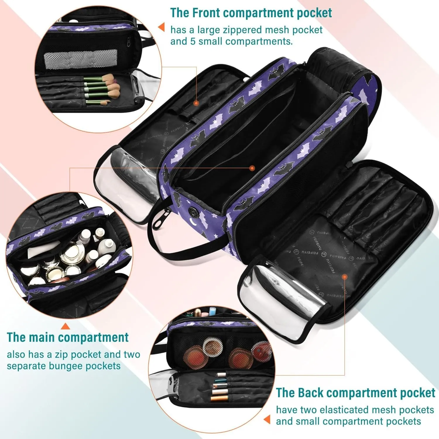 MNSRUU Large Capacity Makeup Bag, Bats Thank The Moon Cosmetic Bag Portable Toiletries Pouch with Compartments Makeup Organizer Case for Travel Women