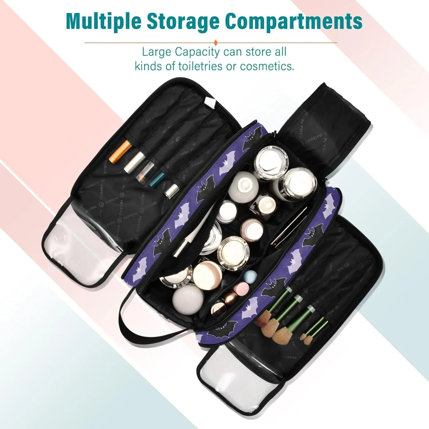 MNSRUU Large Capacity Makeup Bag, Bats Thank The Moon Cosmetic Bag Portable Toiletries Pouch with Compartments Makeup Organizer Case for Travel Women