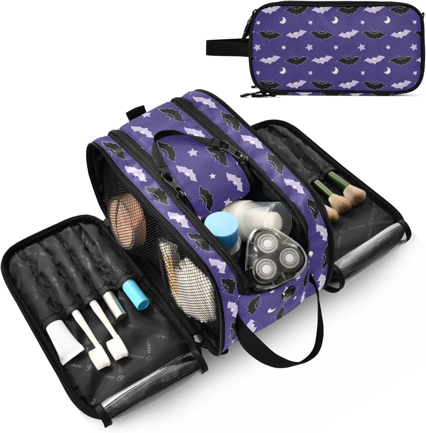 MNSRUU Large Capacity Makeup Bag, Bats Thank The Moon Cosmetic Bag Portable Toiletries Pouch with Compartments Makeup Organizer Case for Travel Women