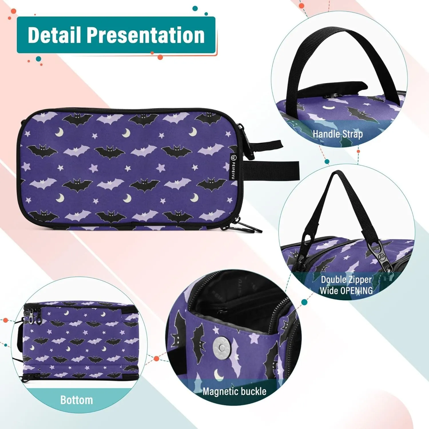 MNSRUU Large Capacity Makeup Bag, Bats Thank The Moon Cosmetic Bag Portable Toiletries Pouch with Compartments Makeup Organizer Case for Travel Women