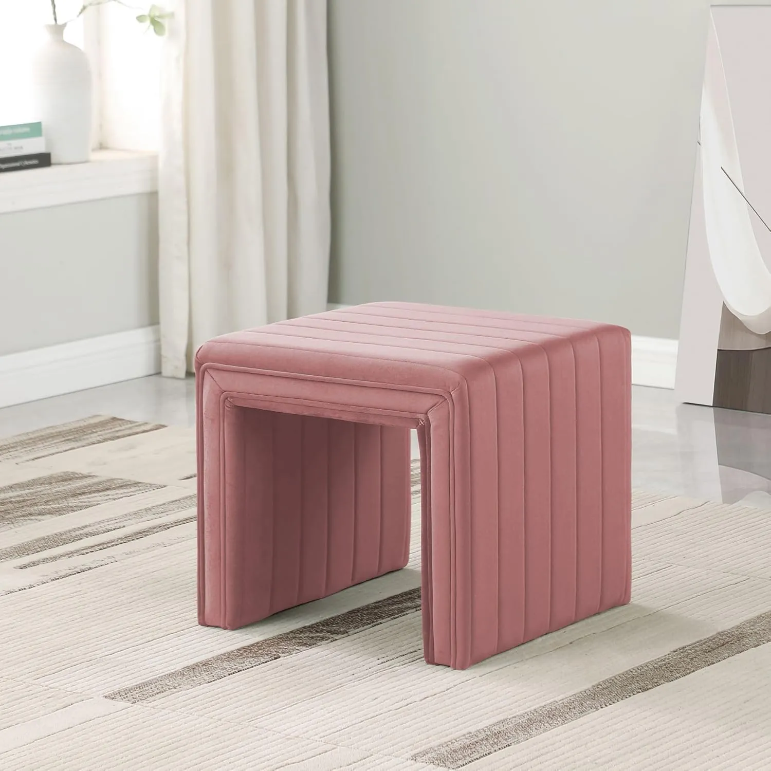 Modern Channel Tufted Velvet Ottoman Home Décor|Ottoman for Living Room & Bedroom - Blush Pink