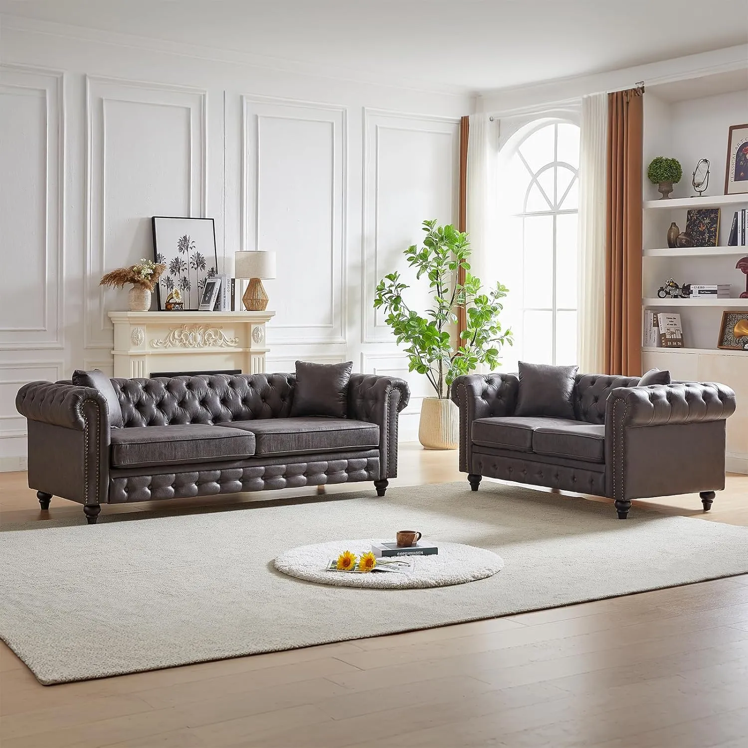 Modern Chesterfield Sofa Couch, 63.5-inch Faux Leather Loveseat Sofa with Rolled Arms and Tufted Button for Living Room, Office, Grey
