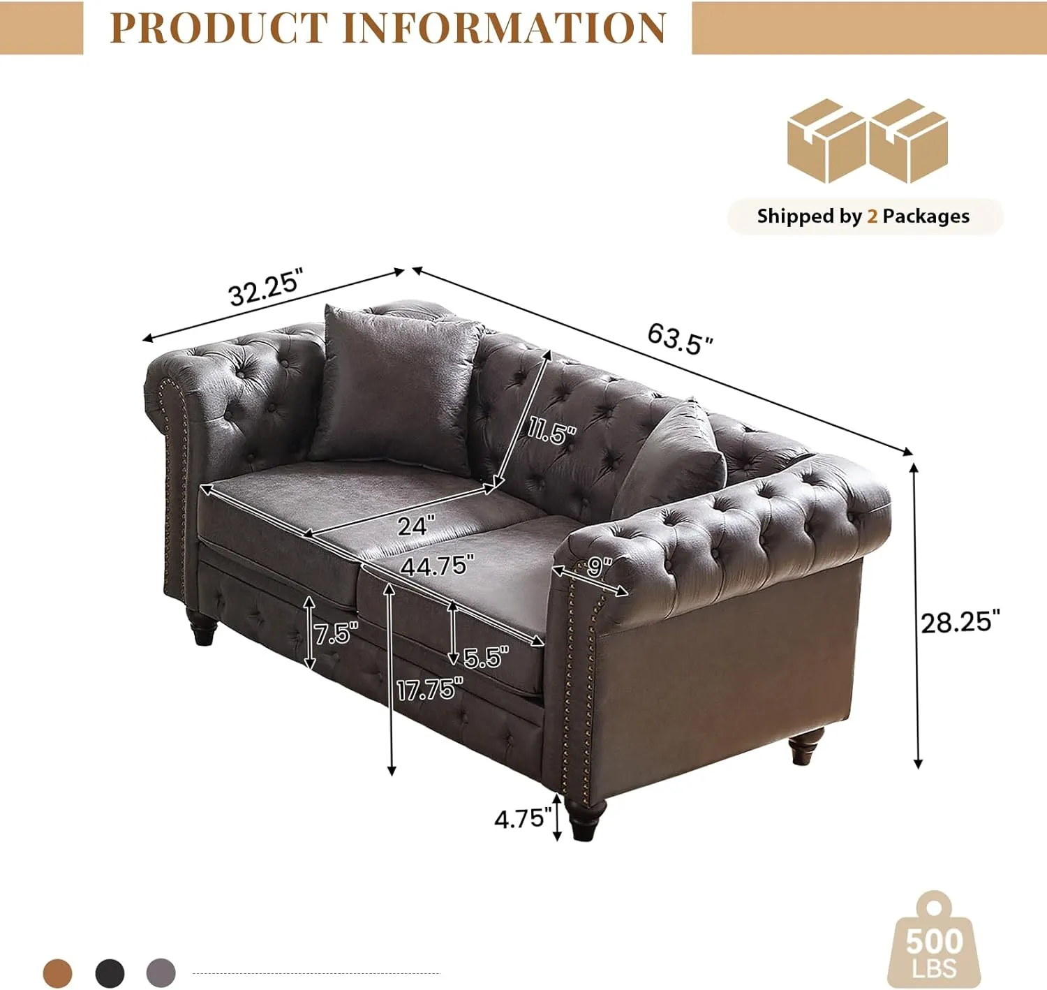 Modern Chesterfield Sofa Couch, 63.5-inch Faux Leather Loveseat Sofa with Rolled Arms and Tufted Button for Living Room, Office, Grey