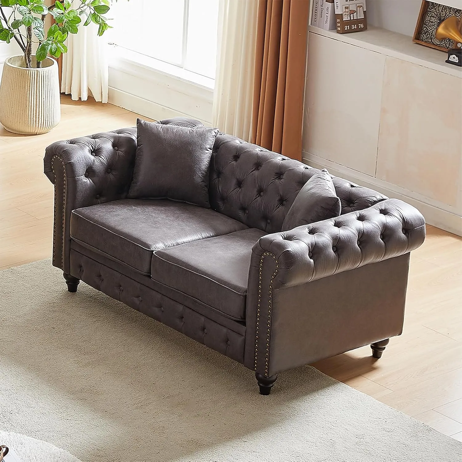 Modern Chesterfield Sofa Couch, 63.5-inch Faux Leather Loveseat Sofa with Rolled Arms and Tufted Button for Living Room, Office, Grey
