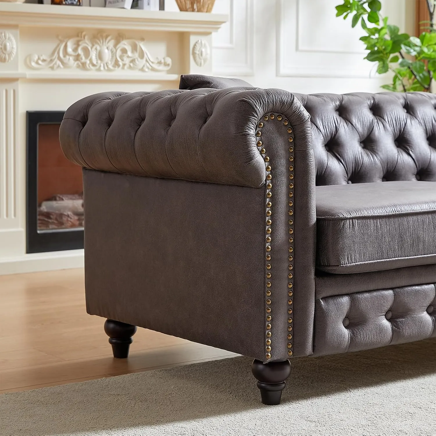 Modern Chesterfield Sofa Couch, 63.5-inch Faux Leather Loveseat Sofa with Rolled Arms and Tufted Button for Living Room, Office, Grey