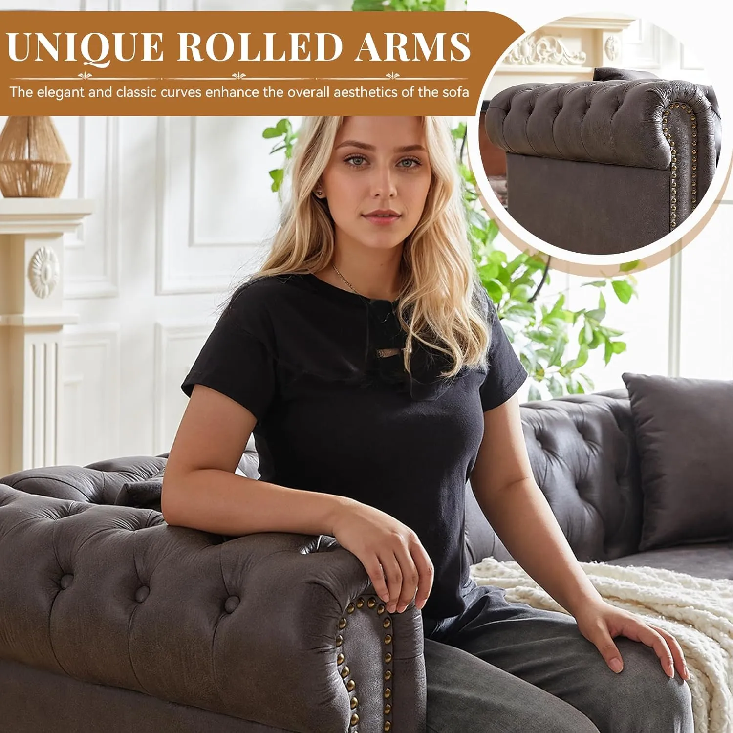 Modern Chesterfield Sofa Couch, 63.5-inch Faux Leather Loveseat Sofa with Rolled Arms and Tufted Button for Living Room, Office, Grey