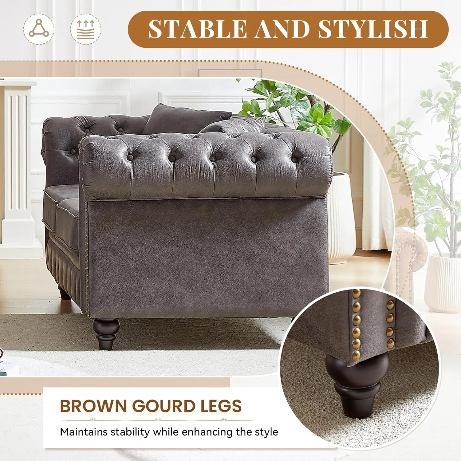 Modern Chesterfield Sofa Couch, 63.5-inch Faux Leather Loveseat Sofa with Rolled Arms and Tufted Button for Living Room, Office, Grey