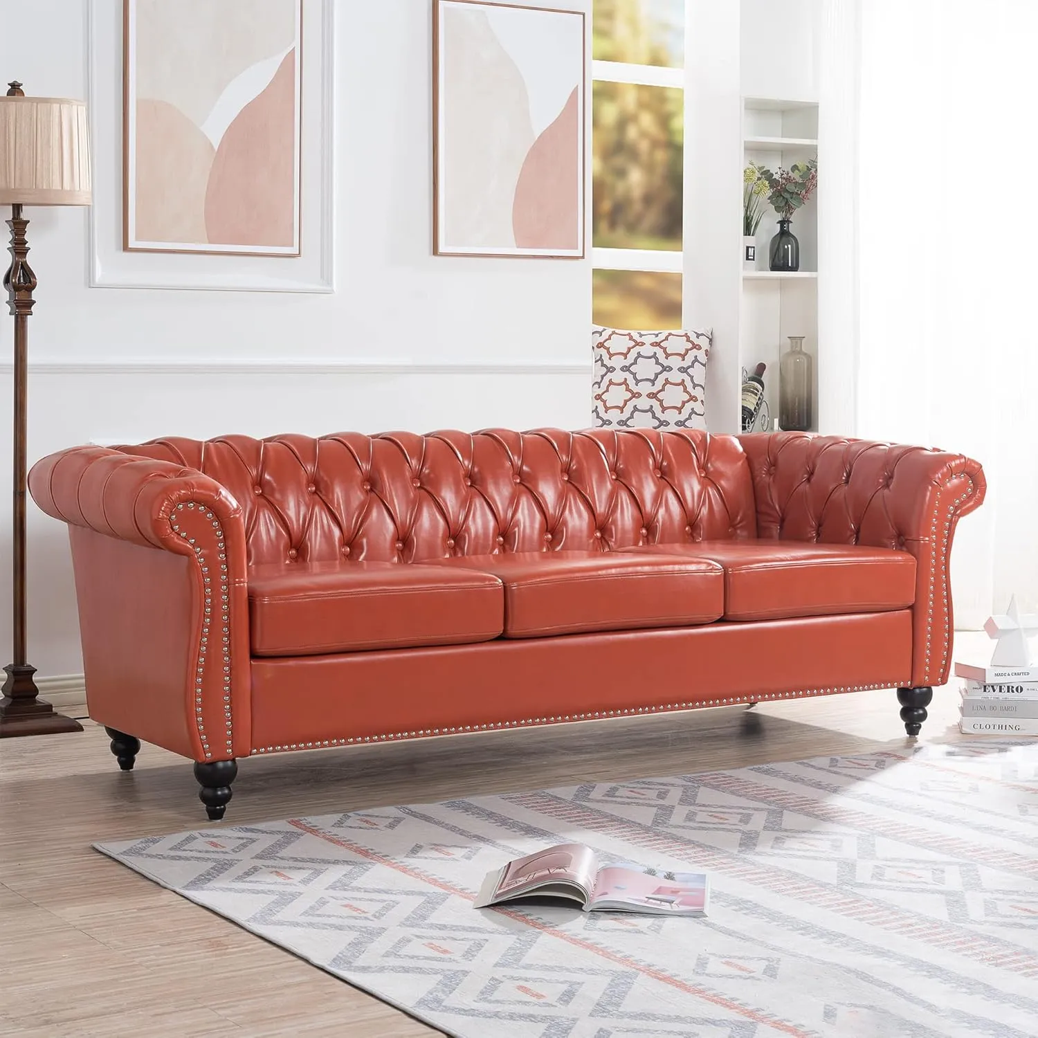 Modern Chesterfield Sofa Three Seater Couch,Faux Leather Couch with Rolled Arms,Comfy Couches for Living Room,Office,Reception Room(Orange)