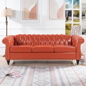 Modern Chesterfield Sofa Three Seater Couch,Faux Leather Couch with Rolled Arms,Comfy Couches for Living Room,Office,Reception Room(Orange)