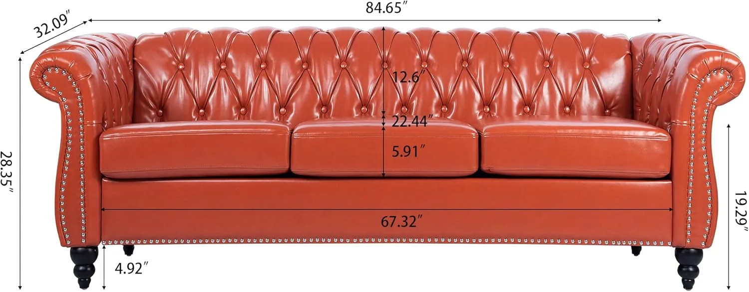 Modern Chesterfield Sofa Three Seater Couch,Faux Leather Couch with Rolled Arms,Comfy Couches for Living Room,Office,Reception Room(Orange)