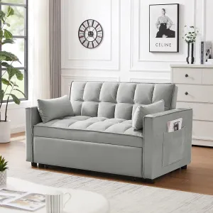 Modern Velvet Loveseat Futon Sofa Couch with Pullout Bed, Adjustable Backrest, and Toss Pillows, Multipurpose Gray Design