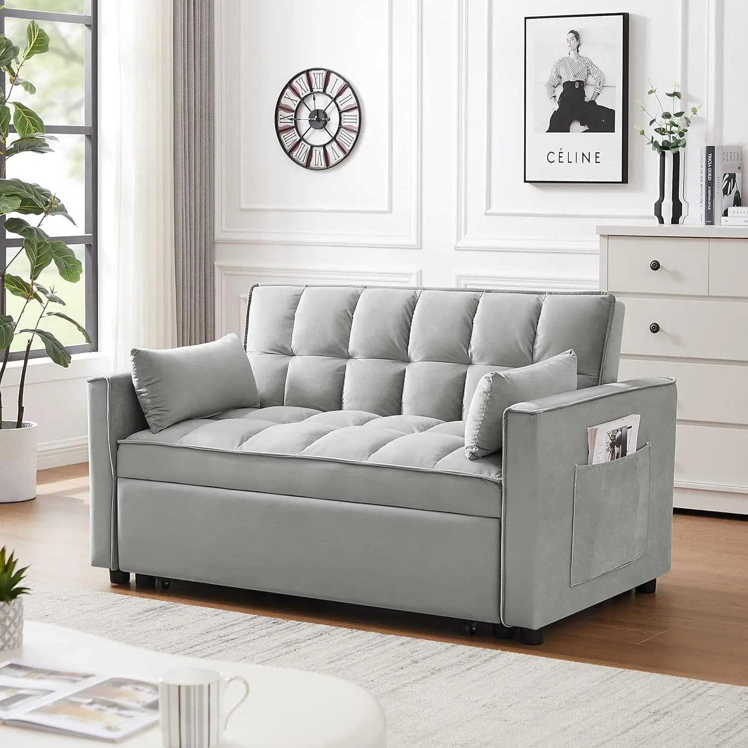 Modern Velvet Loveseat Futon Sofa Couch with Pullout Bed, Adjustable Backrest, and Toss Pillows, Multipurpose Gray Design