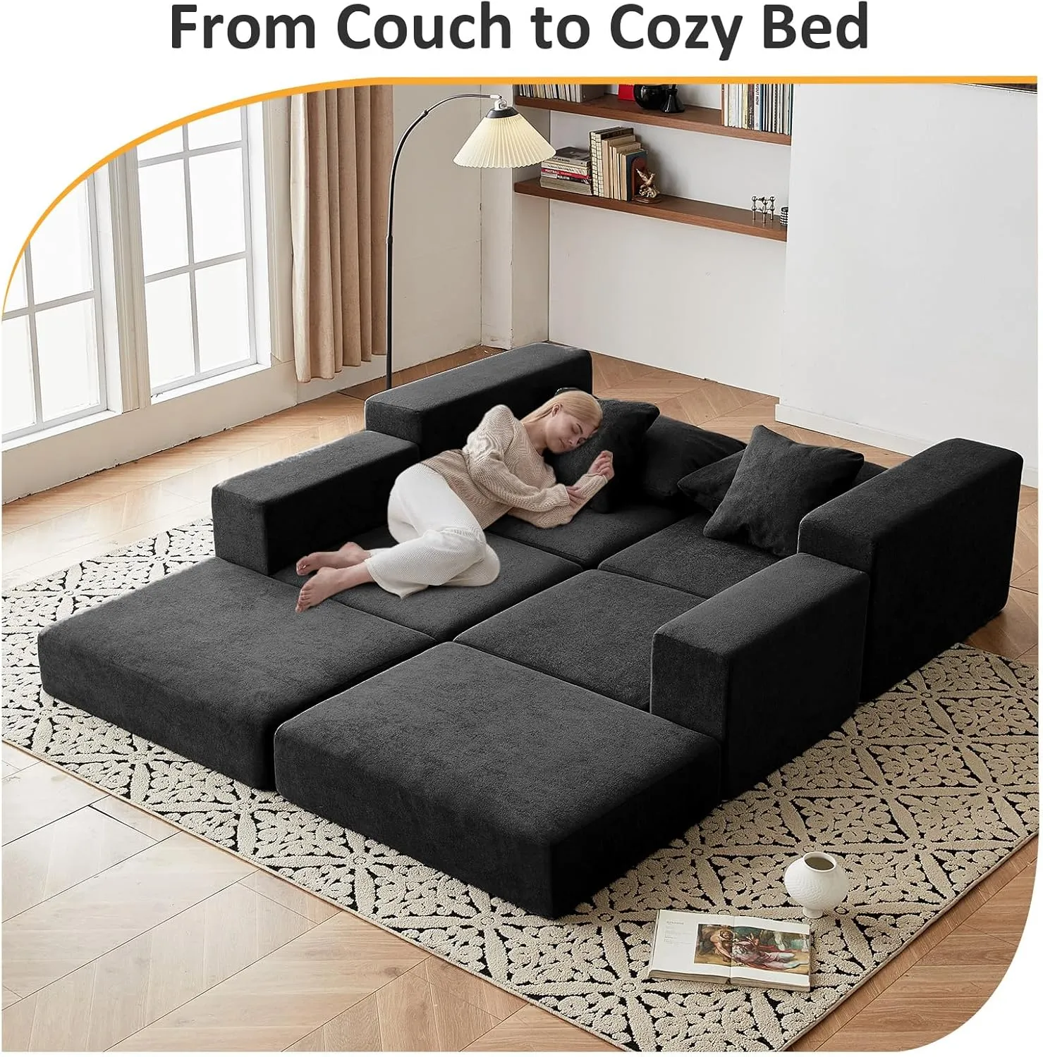 Modular Sectional Loveseat Sofa - Cloud Boneless Couch with Non Slip Base, Modern Sleeper Sofa for Customizable Living Spaces, Cozy Modular Couch for Indoor Room, No Assembly Required, Black
