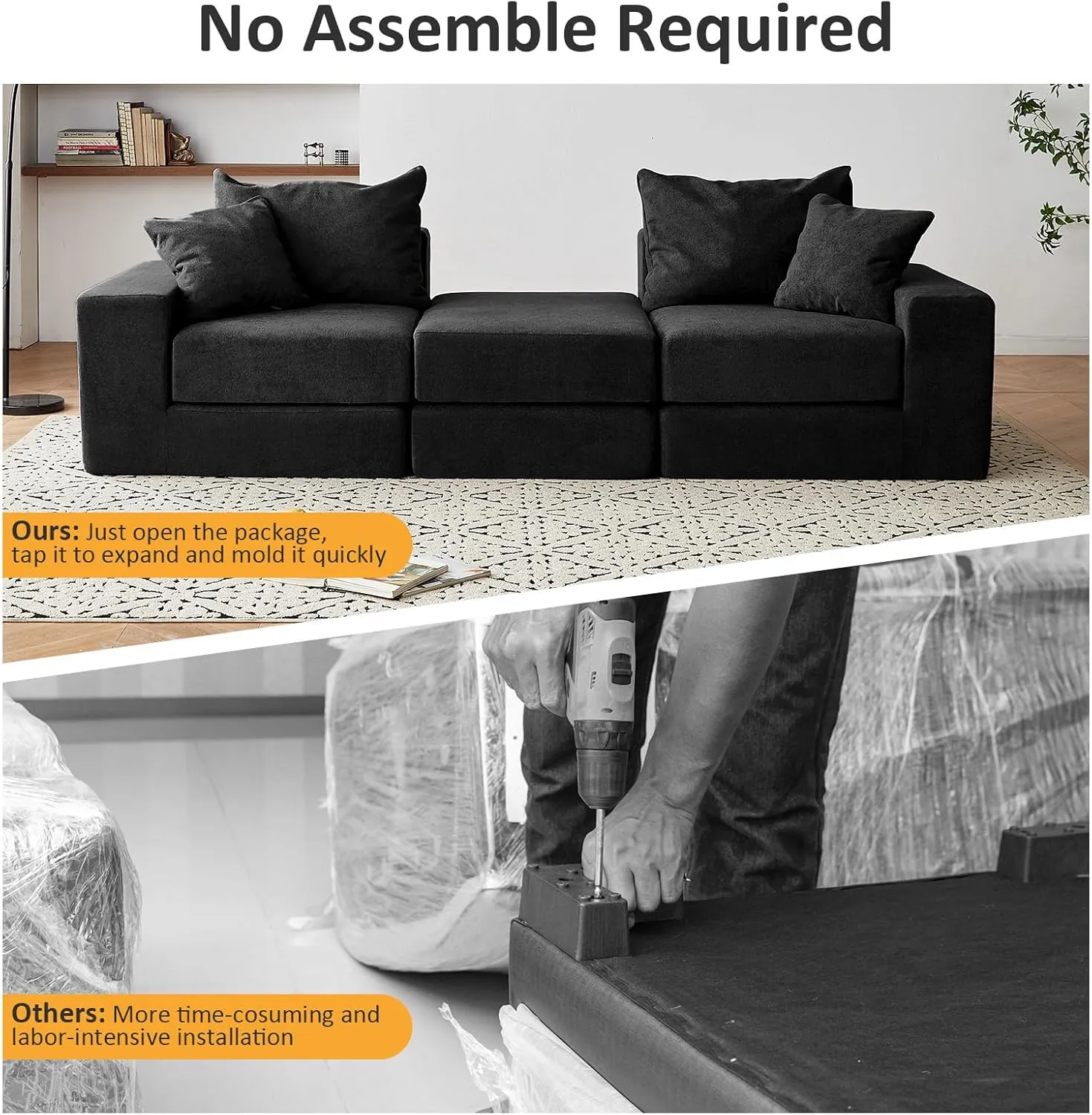 Modular Sectional Loveseat Sofa - Cloud Boneless Couch with Non Slip Base, Modern Sleeper Sofa for Customizable Living Spaces, Cozy Modular Couch for Indoor Room, No Assembly Required, Black
