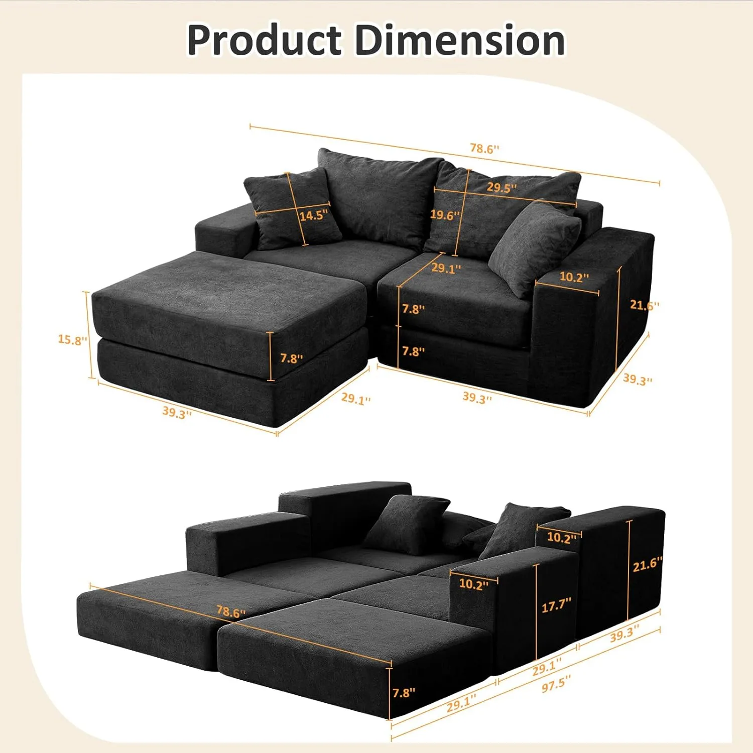 Modular Sectional Loveseat Sofa - Cloud Boneless Couch with Non Slip Base, Modern Sleeper Sofa for Customizable Living Spaces, Cozy Modular Couch for Indoor Room, No Assembly Required, Black
