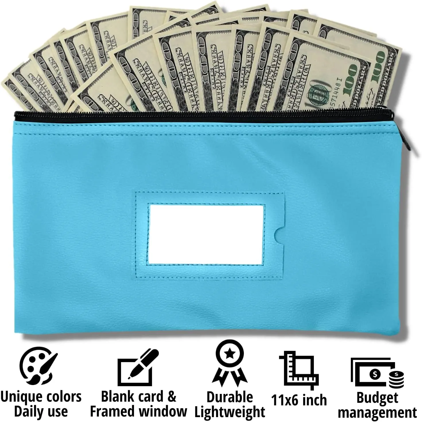 Money Bank Deposit Bag with Zipper | 11x6 inch | Light Blue | Durable Leatherette Money Cash Coin Check Wallet Pouch for Men & Women with Framed ID Window and Blank Card | by GIDABRAND (3)