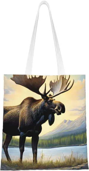 (Moose Cute Deer) Reusable Canvas Tote Bag For Women Lightweight Handbag Shopping Bag Stylish Shoulder Bag